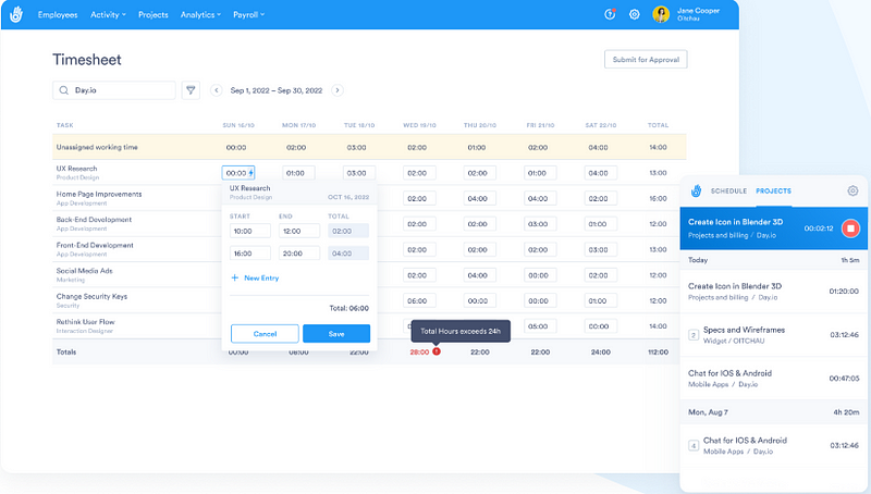 Day.io being the best online time tracker for non-billable time tracking