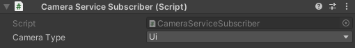 Unity Inspector showing the CameraServiceSubscriber component with a CameraType serialized field