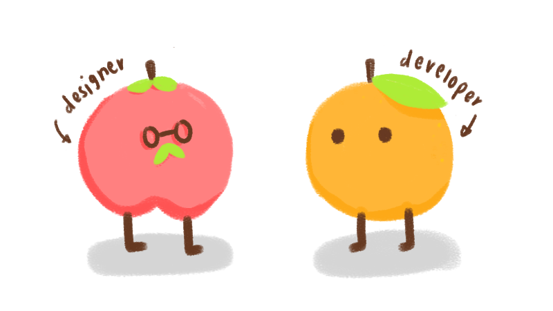 graphic of apple and orange — apple represents a designer (like Steve Jobs’ Apple) and orange represents a tough skinned developer
