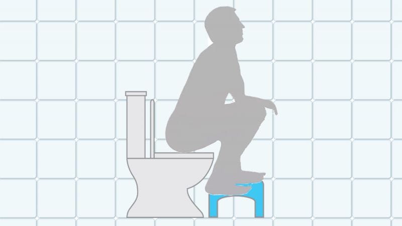An outline of a person sitting on a toilet using a elevated stool under their feet.