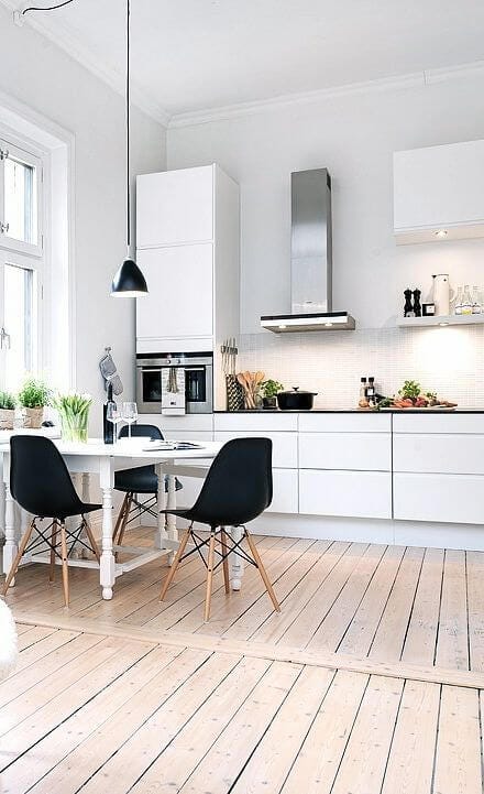 White Scandinavian kitchen with wood floor