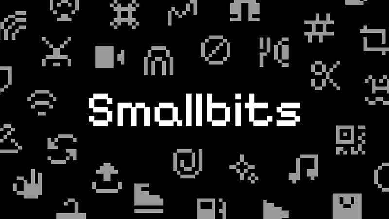 Pixel-style icon set featuring small grayscale icons on an 8×8 grid labeled Smallbits