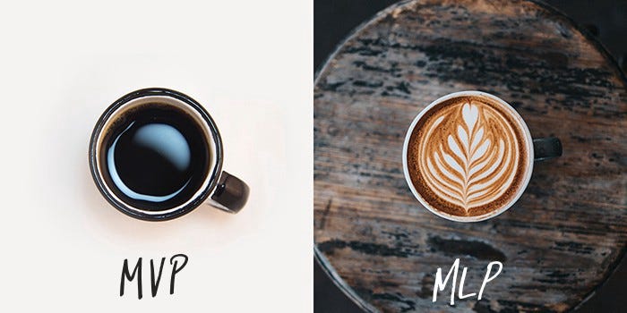 exemplo do seu seria uma mvp (uma xícara de café) e de um mlp (um café gourmet, com boa apresentação).