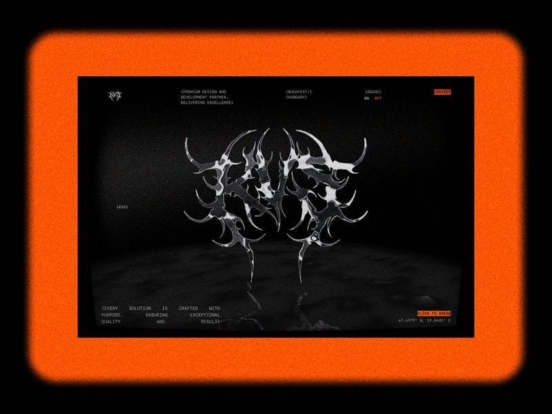 Dark studio website framed in glowing orange, featuring a central metallic abstract 3D form with sharp, organic shapes on a black background.