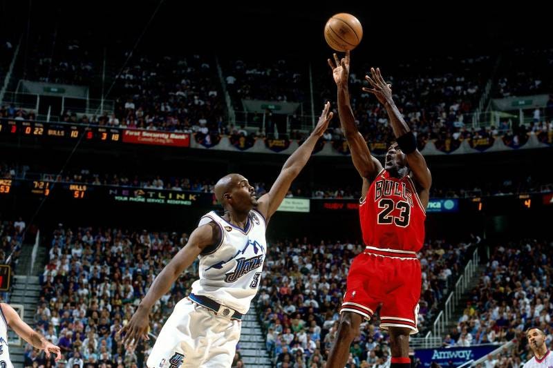Jordan making the final shot in the 1998 NBA Finals