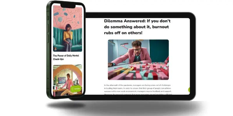 A smartphone displays an article titled ‘The Power of Daily Mental Check-Ups,’ while a tablet shows an article about addressing burnout in the workplace.
