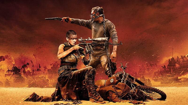 Mad Max and Imperator Furiosa from “Mad Max: Fury Road” fighting alongside each other