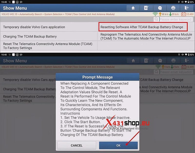 LAUNCH X431 PAD Reset VOLVO XC40 After TCAM Backup Battery Change