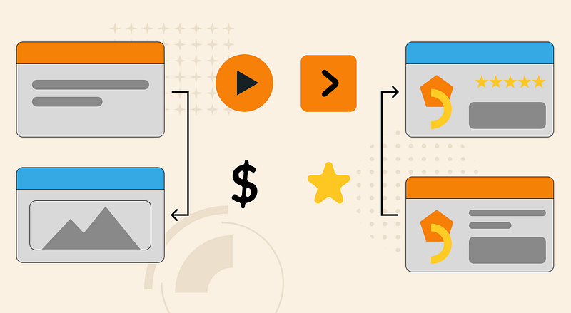 A diagram showing interchangeable UI cards adapting based on user context. Arrows connect different modules — some with icons like play, star, and dollar signs — representing behavior-driven variations within a flexible design system.