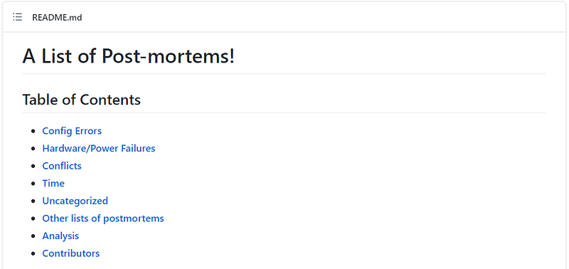 Screenshot: A GitHub repo with a record of the post-mortems carried out by Facebook, DataDog, and other companies