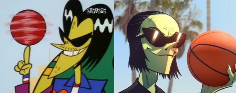 O personagem Ace, um homem verde de óculos escuros, em duas fases de sua vida. A primeira, girando uma bola em Meninas Super Poderosas e na segunda fazendo o mesmo num clipe do Gorillaz.