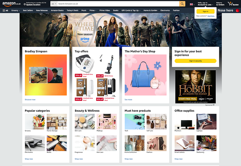 Amazon UK homepage screenshot — A screenshot of the Amazon UK website homepage, featuring various promotional banners and shopping categories.