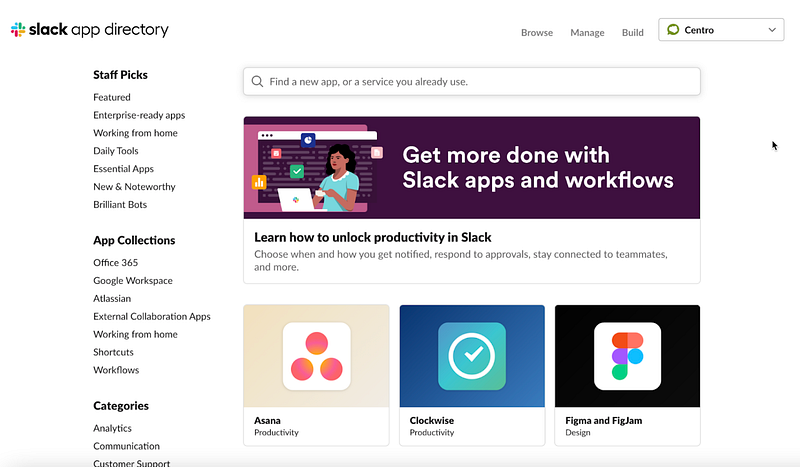 Slack app directory’s home page