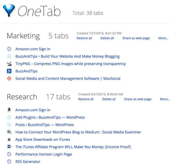 OneTab chrome browser