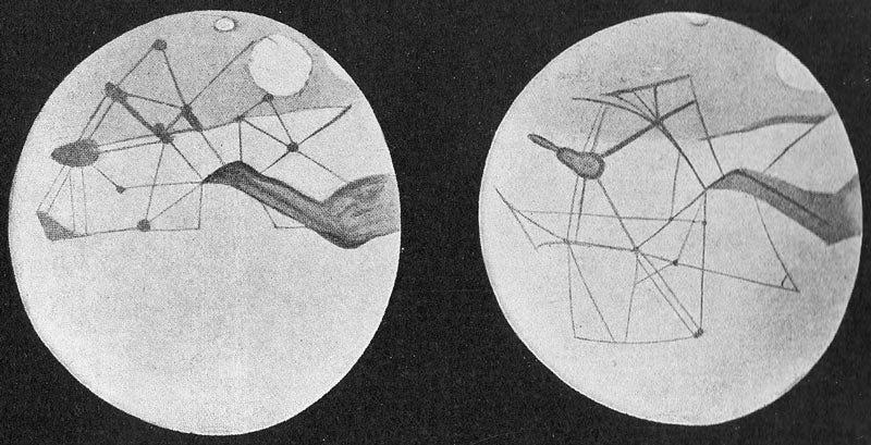 Two abstract hand-drawn maps of Mars. The circular maps feature shaded areas connected by lines.