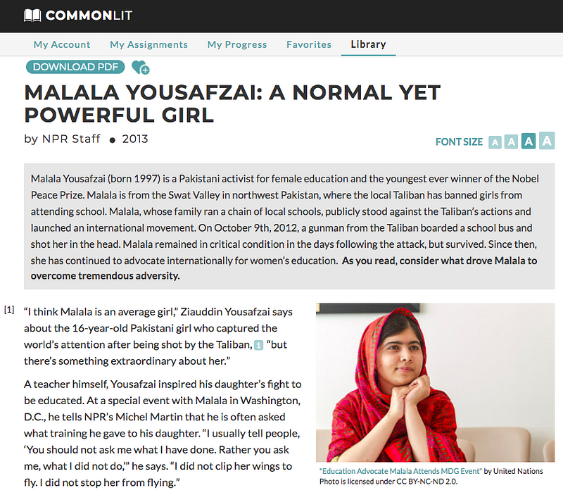 The CommonLit Lesson "Malala Yousafzai: A Normal Yet Powerful Girl."