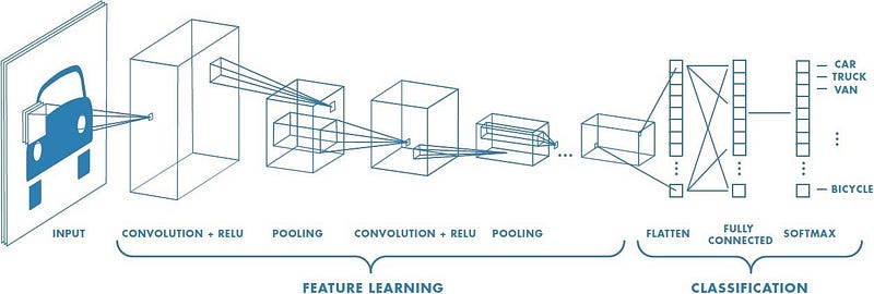 Figure 3: schematic view of a CNN. Feature learning involves the training process, while classification is the model output.