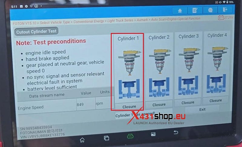 LAUNCH X431 V+(PRO3) HD_Cutout Cylinder Test on Foton Pilot