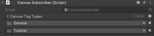 Unity Inspector showing the CanvasSubscriber component with a CanvasTagType list field