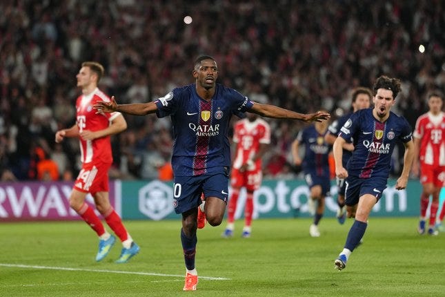 Selebrasi Ousmane Dembele dalam laga PSG vs Bayern Munchen di leg pertama semifinal Liga Champions 2025/2026, Rabu (29/4/2026). © AP Photo/Aurelien Morissard