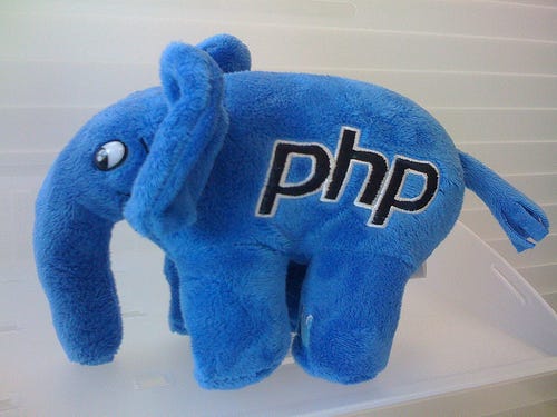 PHP's mascot, the Elephpant. Over 80% of the Internet is written in PHP, a language coded largely by about 250 open-source contributors.