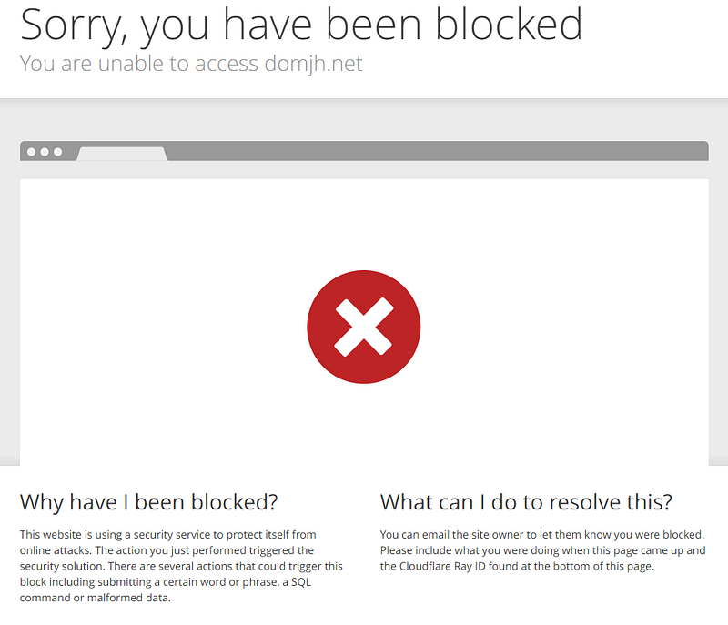 Picture of Cloudflare firewall blocking a webpage.