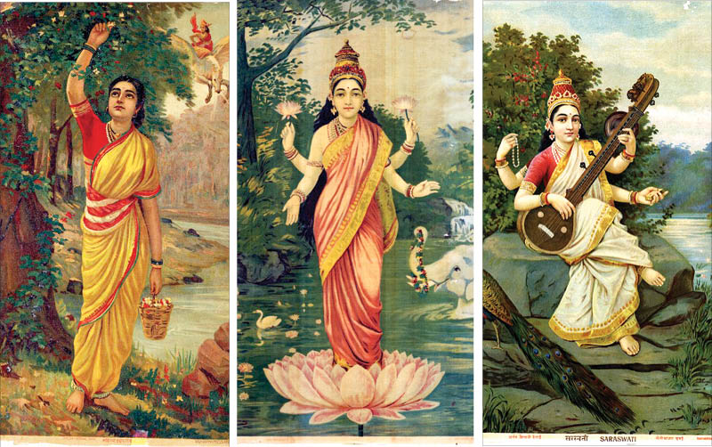 Three vintage Indian lithographs depicting mythological and divine figures. The left panel shows a woman in a yellow saree picking fruits. The center features Goddess Lakshmi standing on a lotus with elephants in the background. The right panel portrays Goddess Saraswati playing the veena, seated near a peacock