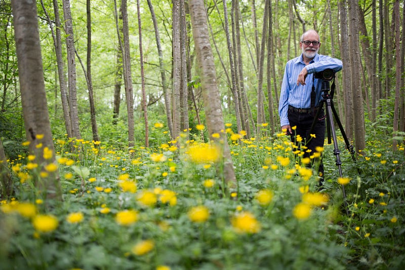 Photographer Mark Turner poses with his digital camera amongst yellow Creeping Buttercup wildflowers Wednesday, May 28, 2015 in Bellingham, Washington. 