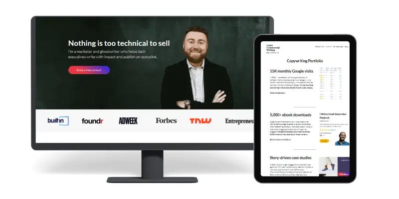 A desktop monitor and tablet displaying a professional website for a freelance copywriter, featuring a confident male copywriter and his portfolio stats, with logos from prominent media outlets.