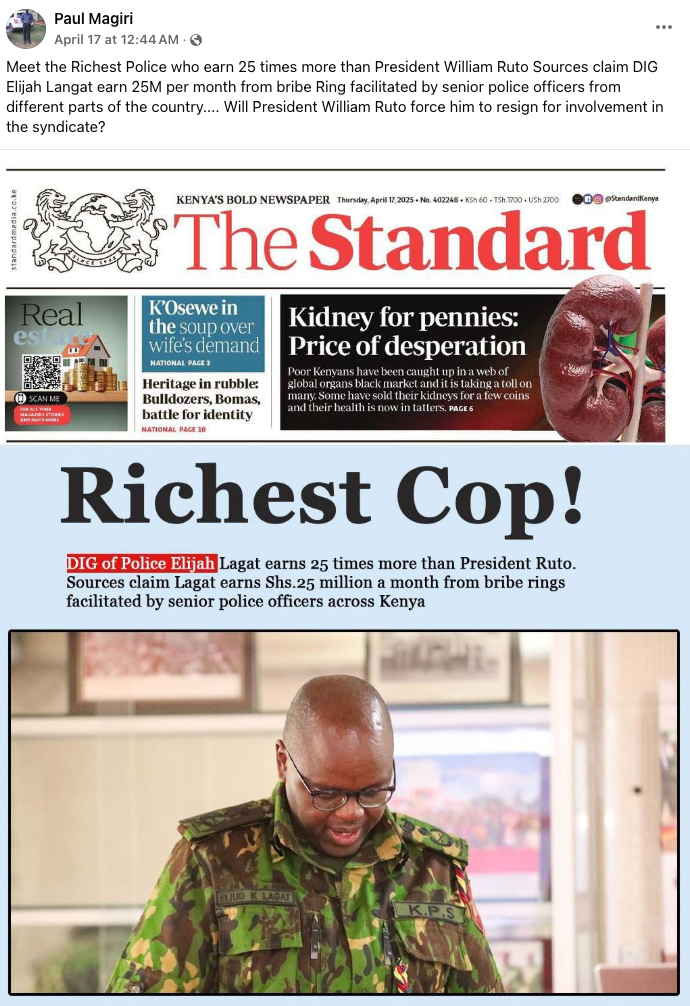 ALTERED: This front page of The Standard’s 17 April 2025 edition is ...