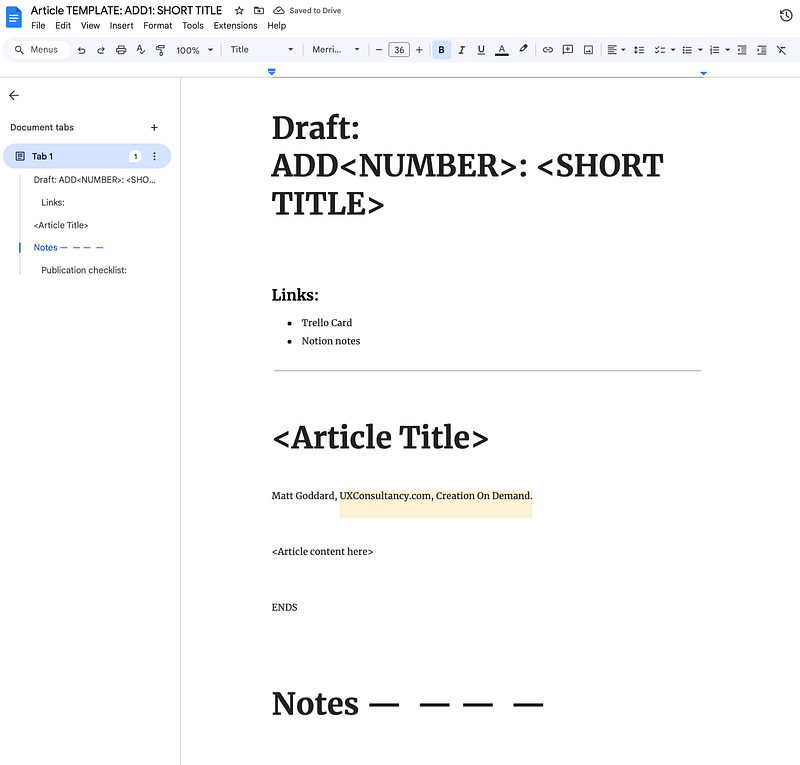 Our early article template in Google Docs.