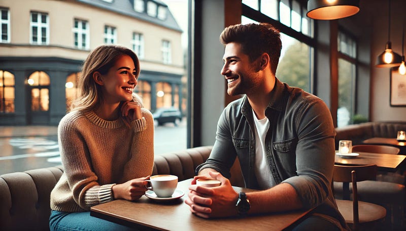 A couple having a respectful conversation over coffee, focusing on connection rather than labeling