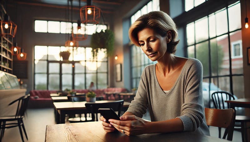 A middle-aged woman reading a text message with a thoughtful expression, sitting alone at a café table. The background should show a cozy, modern café scene in the late afternoon.