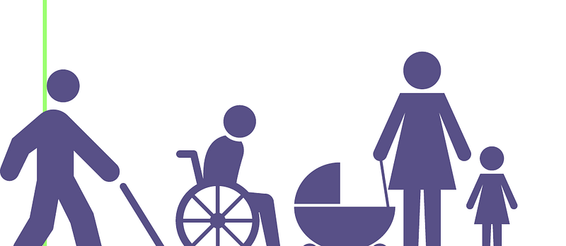 imagem que retrata pessoas cadeirantes, com carrinho de bebê, com dificuldade de locomoção.