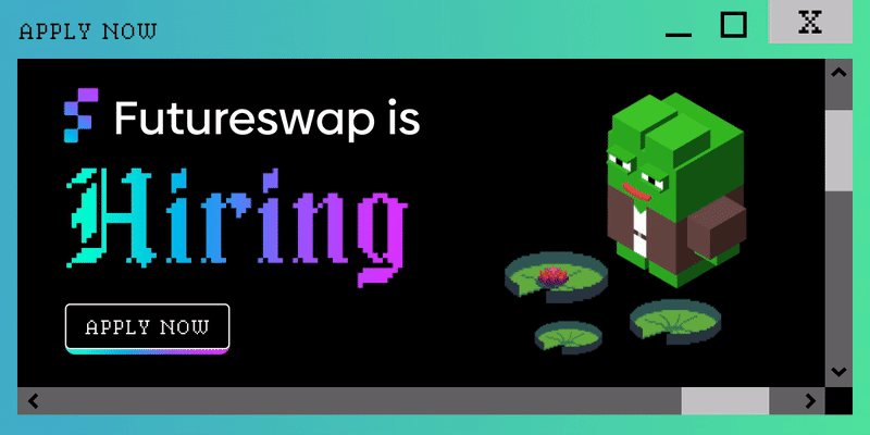 An animated graphic of a frog, lily pads, and an ‘apply now’ button bouncing up and down alongside the copy: Futureswap is Hiring