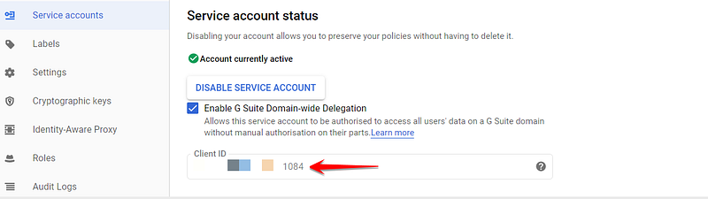 Screenshot: When you select the “Enable G Suite domain-wide delegation” option, Google creates a “service account client” for you. It has the same ID as the service account itself, but apparently, the service “account” and the service “client” are two different concepts