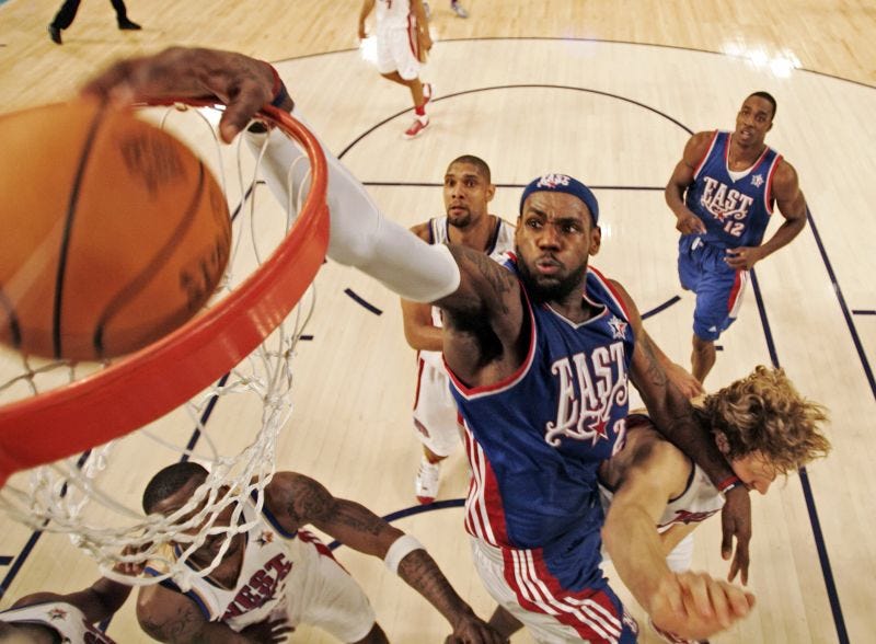 LeBron James dunks over Dirk Nowitzki during the 2008 NBA All-Star Game.