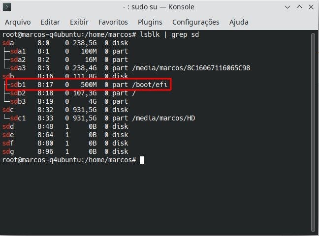 terminal exibindo o diretório EFI e numero da partição