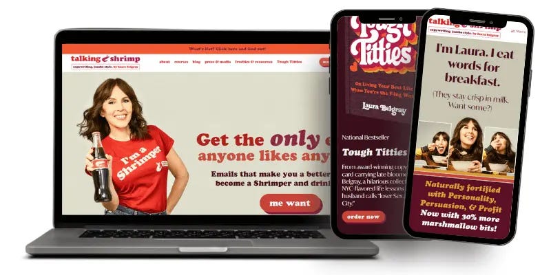 Talking Shrimp website showcasing copywriting services on a laptop and smartphone.