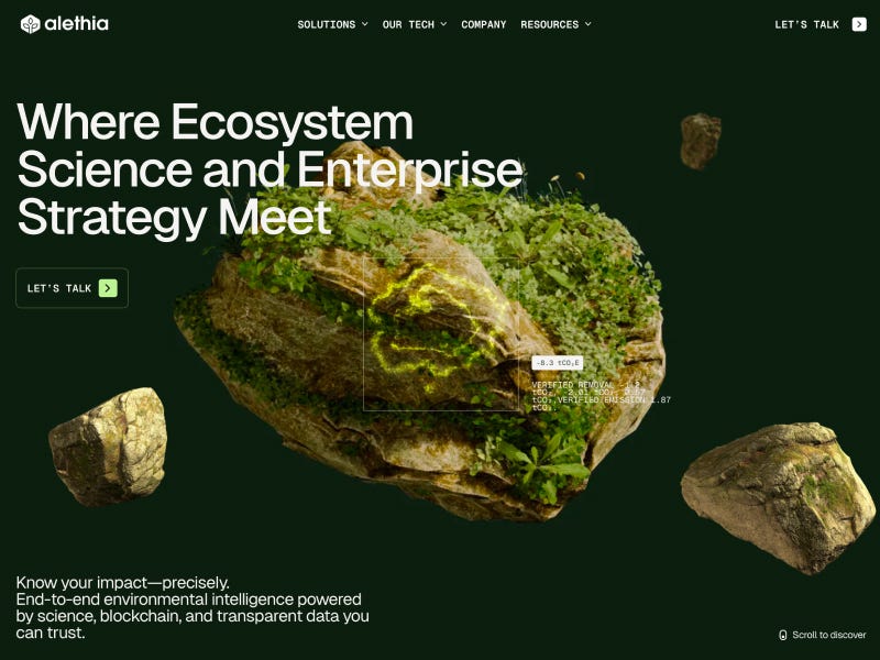 Alethia website hero with floating moss-covered rocks on dark green background and headline “Where Ecosystem Science and Enterprise Strategy Meet”