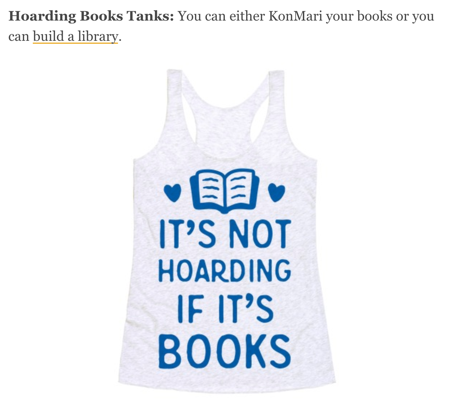 Tank top reading "It's not hoarding if it's books"