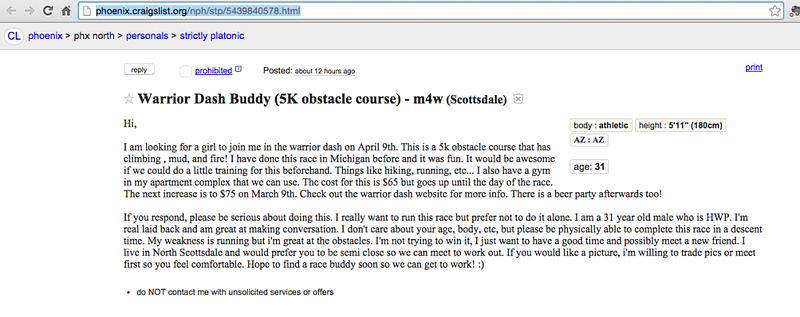 Warrior Dash Craiglist Ad.