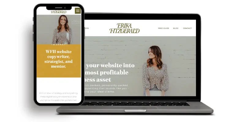 Laptop and smartphone showing a website for Erika Fitzgerald, a copywriter.