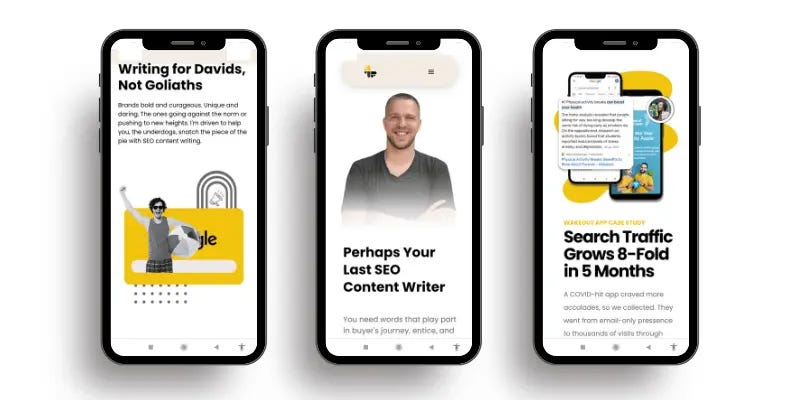 Three smartphones showcasing the website of Luciano, an SEO content writer, featuring his photo, service details, and a traffic growth case study.