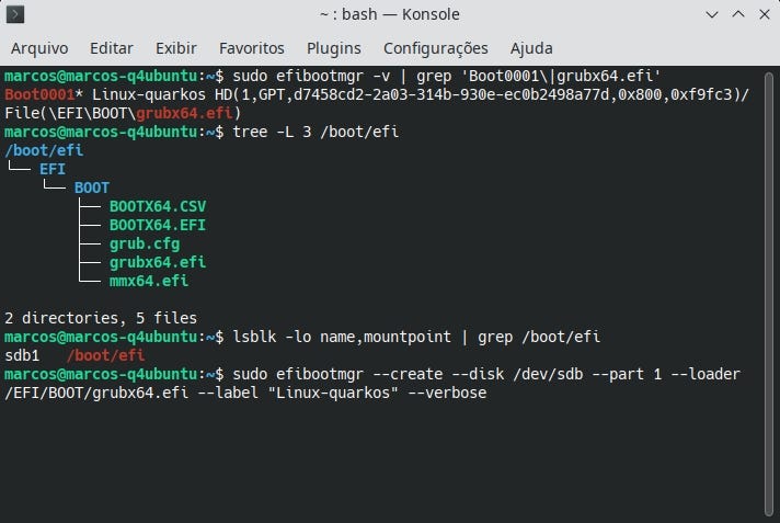 Terminal rodando o comando bootefimgr