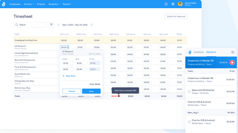 Day.io being the best timesheet software for billing