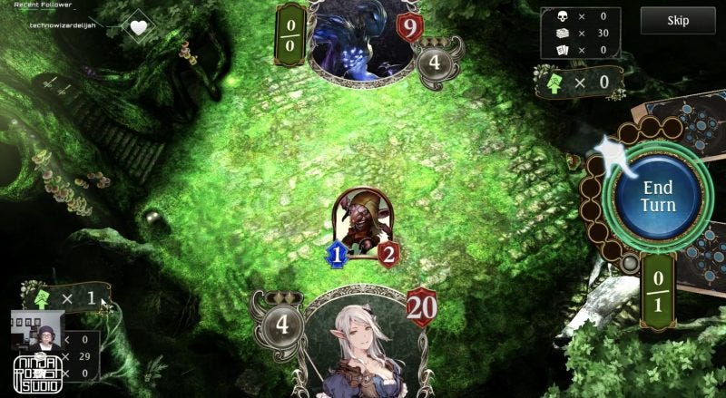 Shadowverse glowing “end turn” button with animated hand pointing to click it