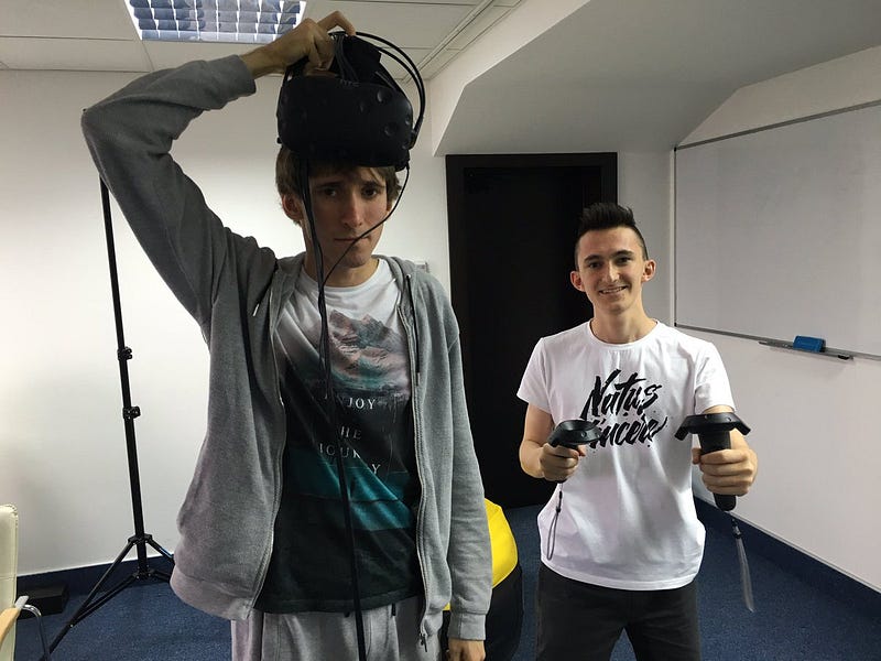Playing @htcvive (Virtual Reality) with @DendiBoss & @generalqw. Here: