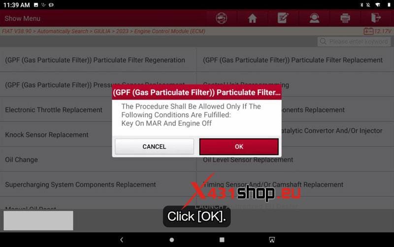 LAUNCH X431 PRO3 HD Resets GPF After Replacement on FIAT Giulia