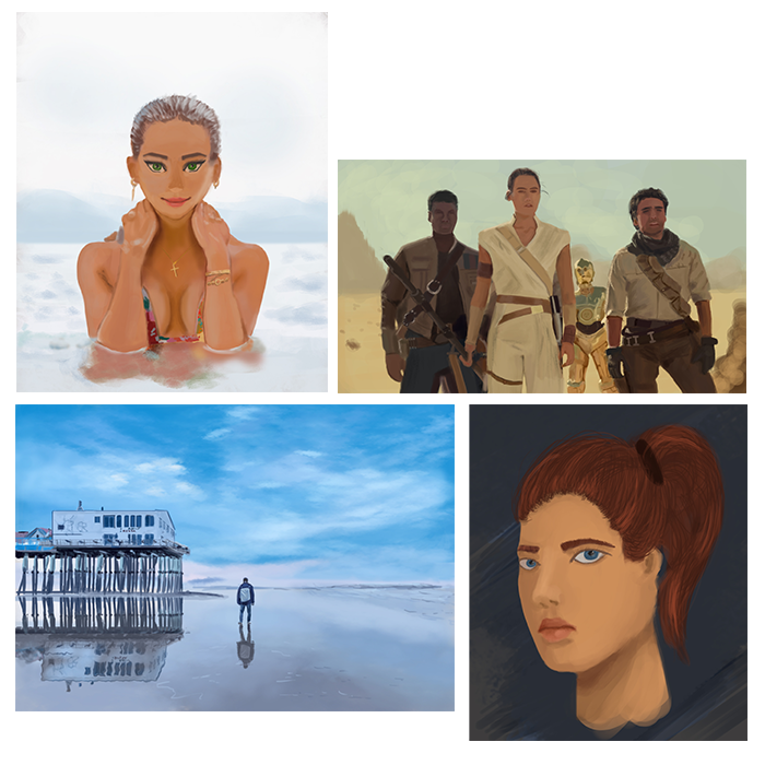 A collage of art pieces, two portraits of woman, a sea landscape and a movie still from star wars.